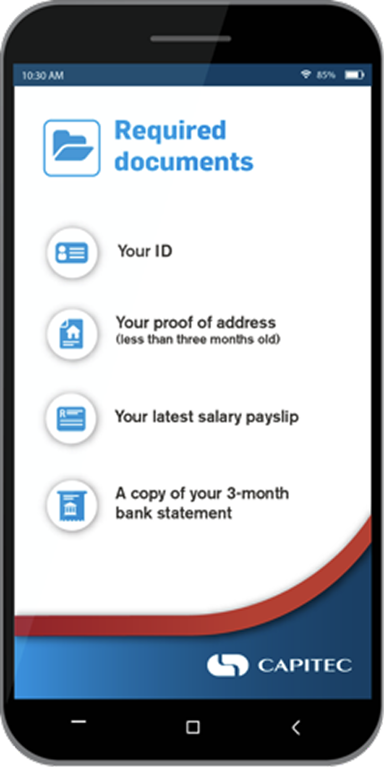 Capitec mobile app 'Required documents' screen listing your ID, your proof of address, your latest salary payslip, and a copy of your 3-month bank statement.