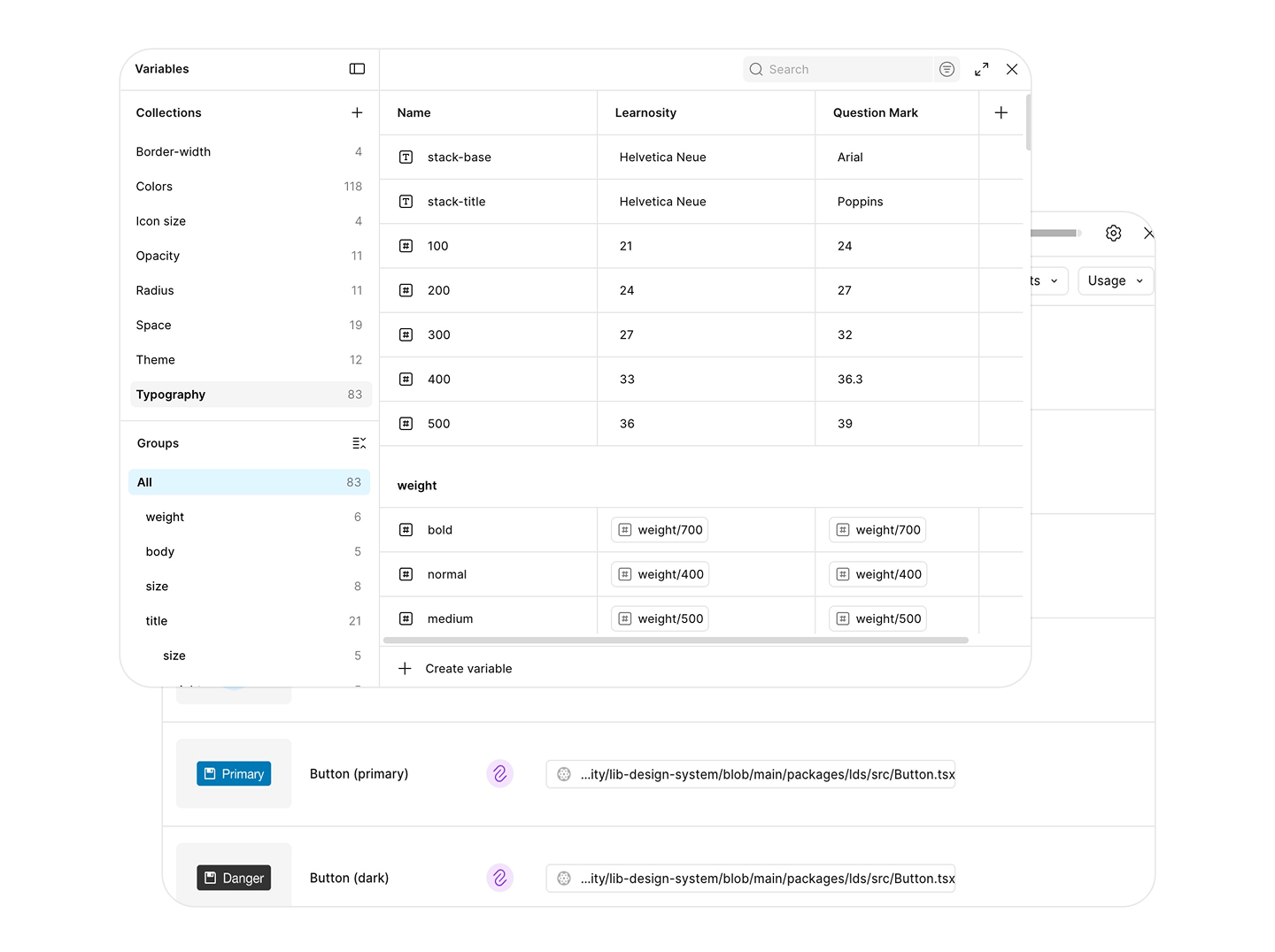 Figma Variables panel showing Collections for border-width, colors, icon size, opacity, radius, space, theme, and typography, with live 'Button (primary)' and 'Button (dark)' components mapped to lib-design-system Button.tsx repository paths via Code Connect.