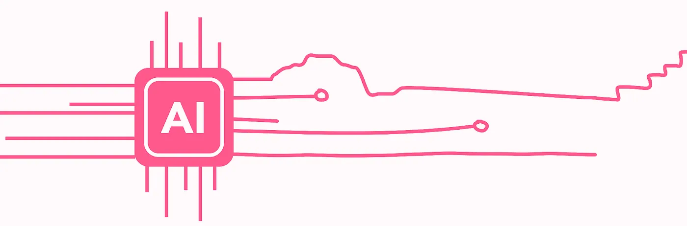 A pink 'AI' microchip with circuit traces extending into hand-drawn lines.